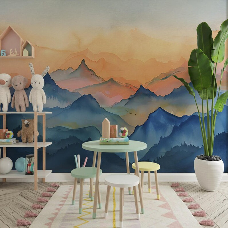 Soft Blue Sunset Mountain Landscape Wall Mural, 106" Lx 138" W