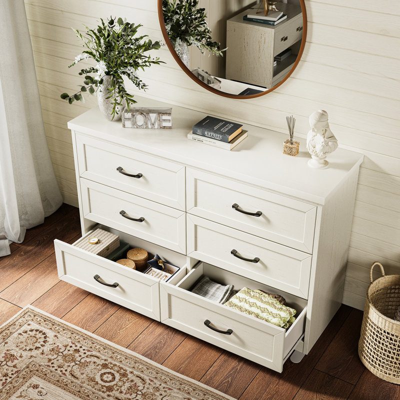 Commode horizontale avec style campagnard et 6 tiroirs spacieux, Blanc