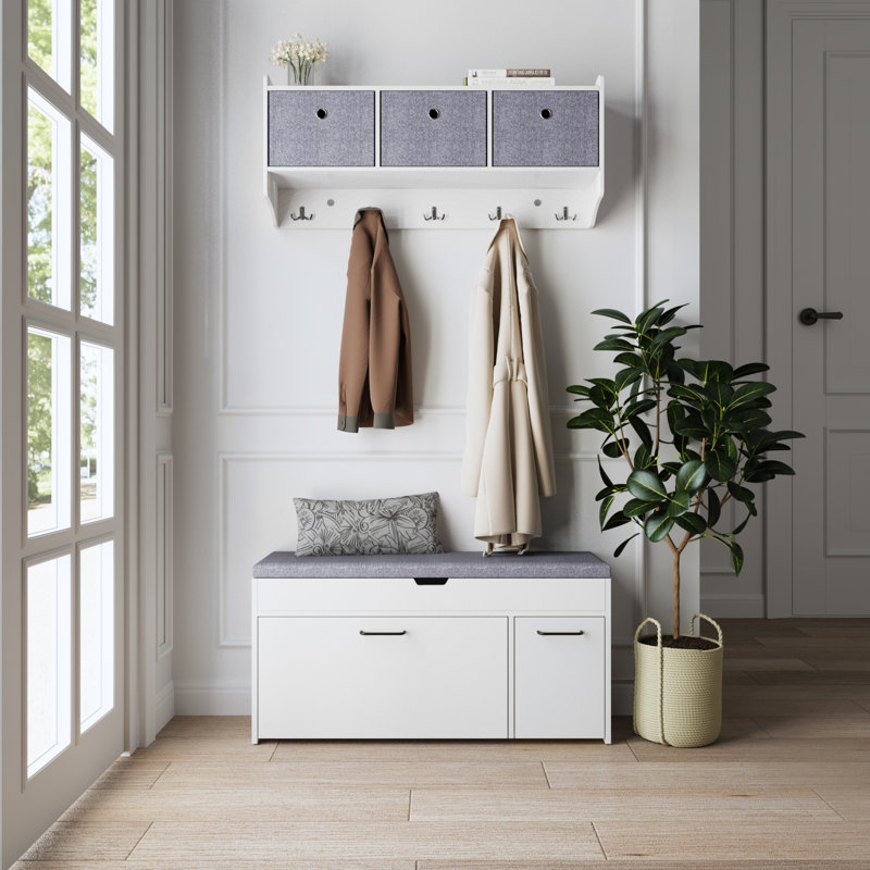 Hinze Polyester Upholstered Storage Bench, Grey/White