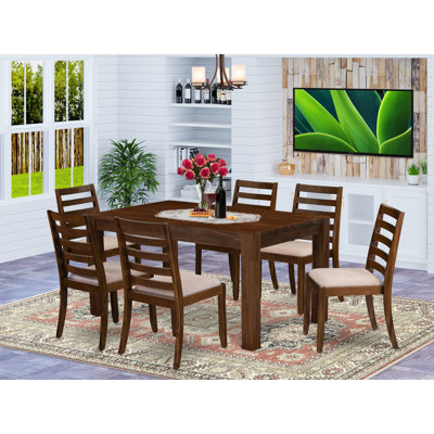 7-piece Dining Table Set consists of a Rectangular Kitchen Table and 6 Light Tan Polyester Fabric stackable Dining Chair, Antique Walnut Finish