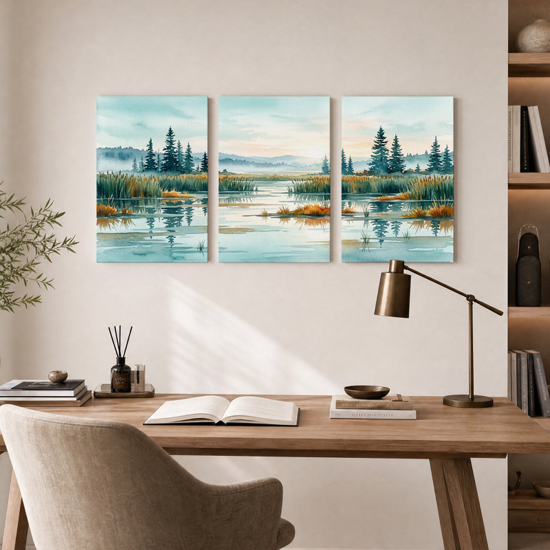 Ensemble de 3 toiles murales représentant un lac brumeux en forêt et des pins, à l'aquarelle, 24"H x 16"W x 3pcs