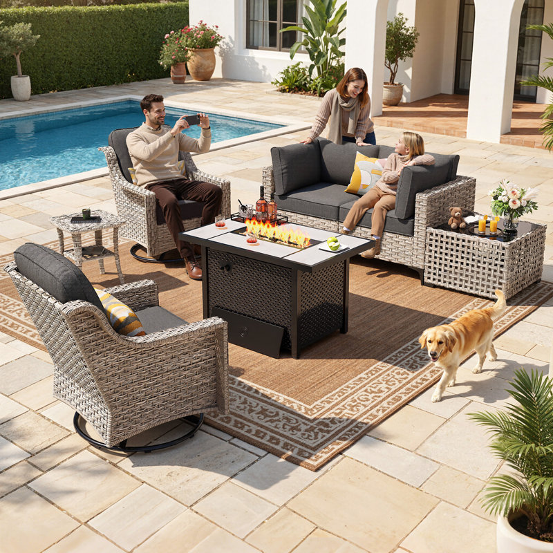 High Density Pe Cane Outdoor Sofa With Stove And Swivel Chair, Black