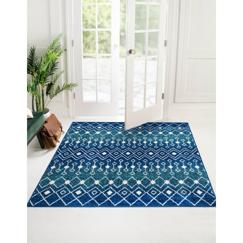 Tapis bleu / ivoire en polypropylène tissé à la machine Briehn, Carré 4 pi