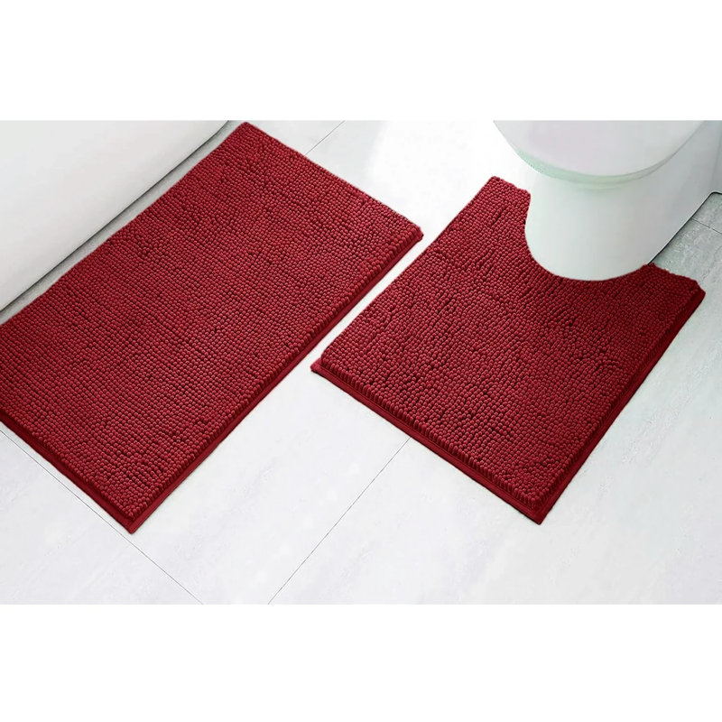 2 Piece Set Mustard Soft Cozy Plush Chenille Bath Mat Bathroom Rug, Charcoal