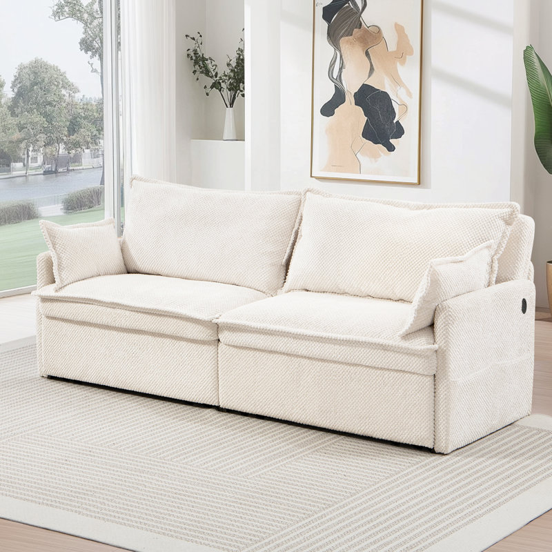 Très grand lit gigogne - Canapé-lit convertible avec ports USB, méridienne en tissu, Blanc, H 33,1 po x l 78,7 po x P 73,6 po