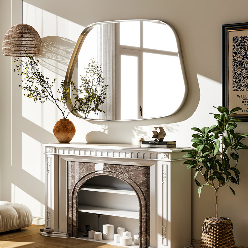 Decorative Asymmetrical Deep Metal Framed Mirror, Argent argent, 30 po x 22 po