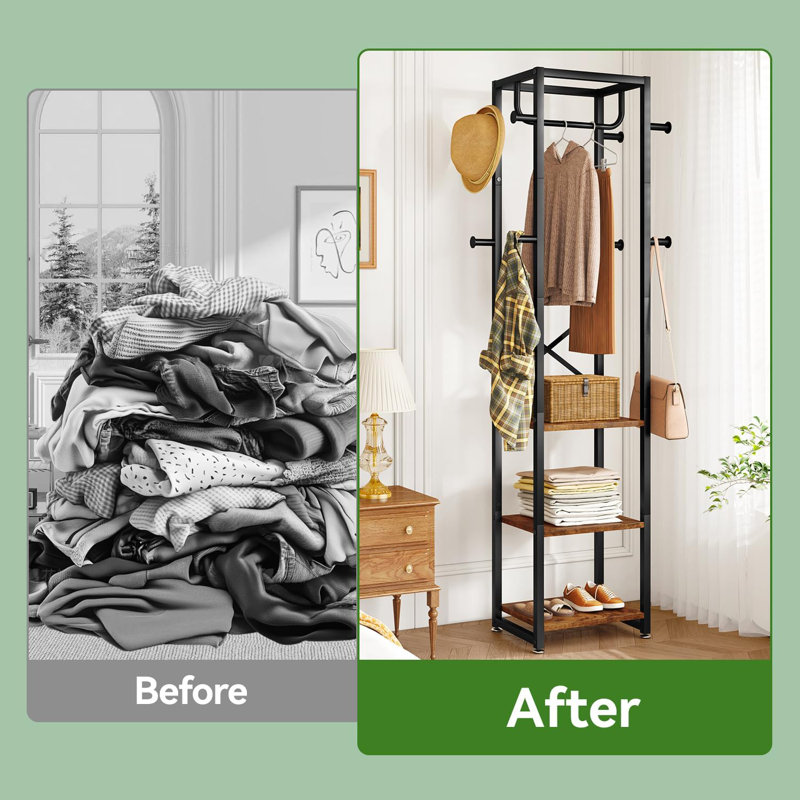 Coat Rack with Shelves, Freestanding Hall Tree with 3 Shelves and 8 Hooks