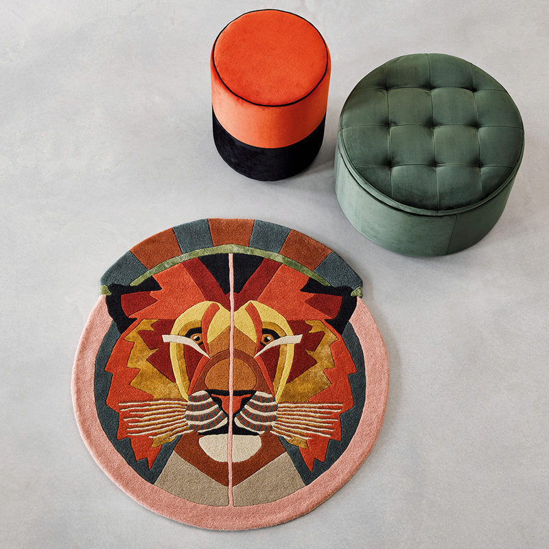 Hand Tufted Geometric Area Rug in Orange/Teal/Pink/Gold, Round 6'7"