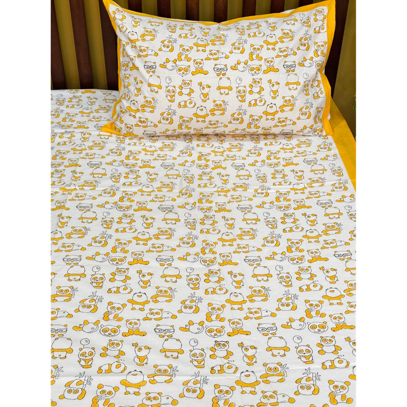Ensemble de draps en coton jaune imprimé à la main avec des taies d'oreiller