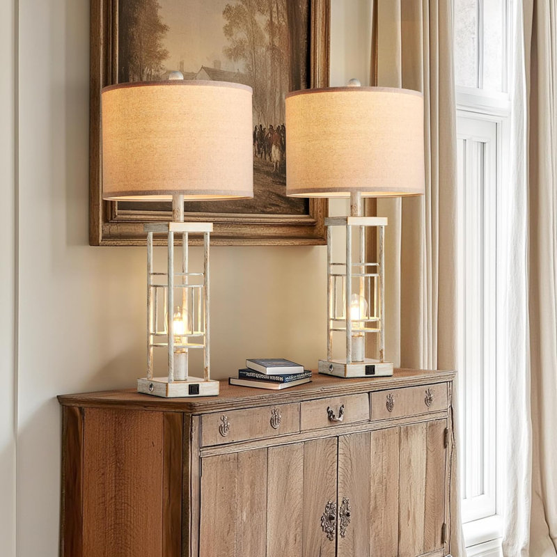 Set Of 2 Farmhouse Table Lamps With USB C+A Charging, 3-Way Dimmable Touch Control, Includes 4 LED Bulbs, Rustic Industrial Design For Bedroom, Living Room, And Office
