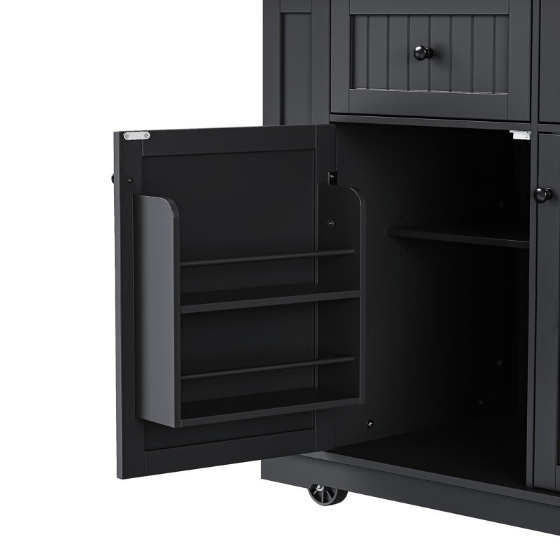 48Inch Large Kitchen Island With 2 Bar Stools, Power Outlet, Door Internal Storage Rack, Kitchen Storage Cart On 5 Wheels With Drop Leaf, 5 Open Side Racks, 2 Drawers,For Kitchen,Dining Room,Black