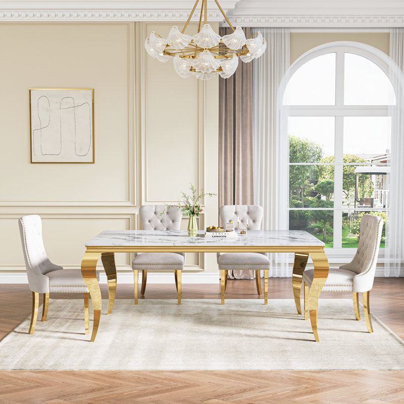 Luxurious Dining Table, 70” Dining Room Table, Rectangular Faux Marble Kitchen Table For Dining Room Family Gatherin, Gold
