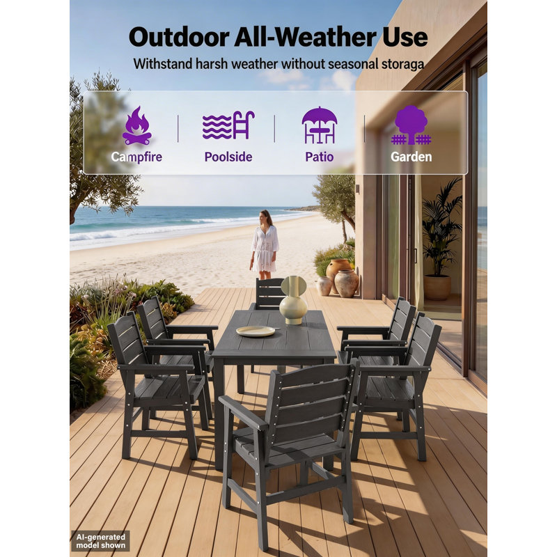 All Weather Outdoor Table and Chairs 7 Pieces Patio Dining Sets Outside Furniture With Umbrella Hole& Aluminum Frame HIPS Modern Patio Dining Set for 6 Person For Outside Backyard/Porch/Deck, 1-Table 6-Chairs, Gray
