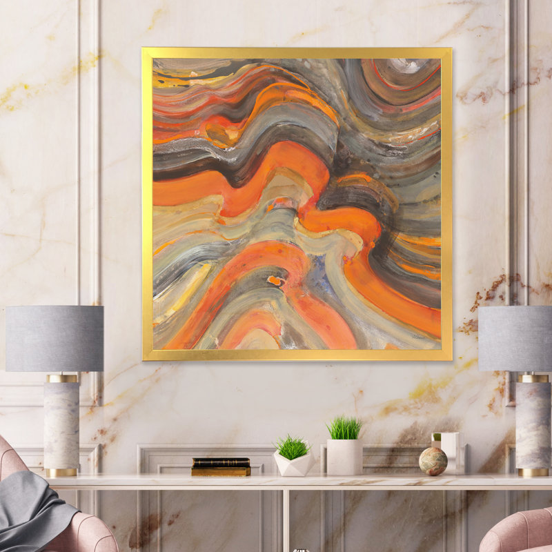 " Abstract Gilded Orange Waves ", Pink Framed, 30" H x 30" W x 1" D