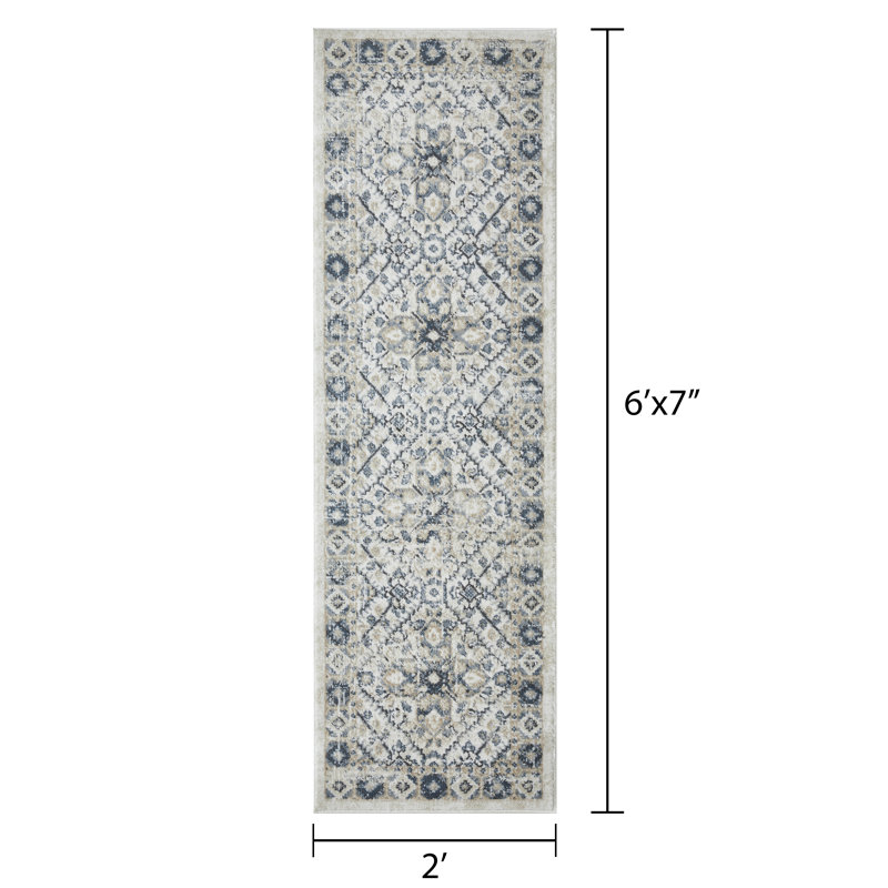 Tapis oriental bleu / crème en polypropylène tissé à la machine Aldos, Tapis de couloir 2 pi x 6 pi 7 po