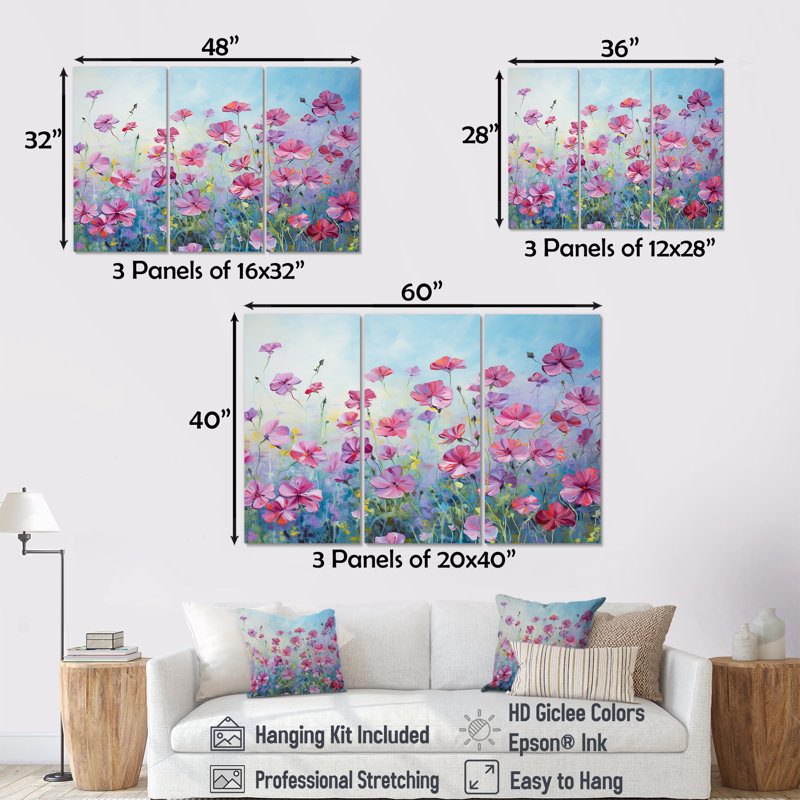 «Elegant Geraniums Flowers Field I», ensemble d'art mural champ de fleurs, Toile tendue, H 40 po x l 60 po x P 1 po