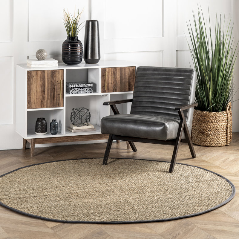Stephanne Farmhouse Seagrass Natural/Dark Gray Area Rug, Round 4'