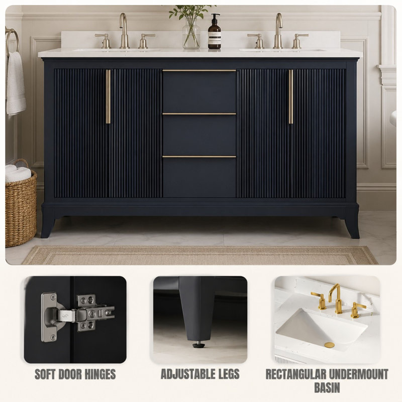  60" Black Double Sink Bathroom Vanity with White Engineered Stone Top