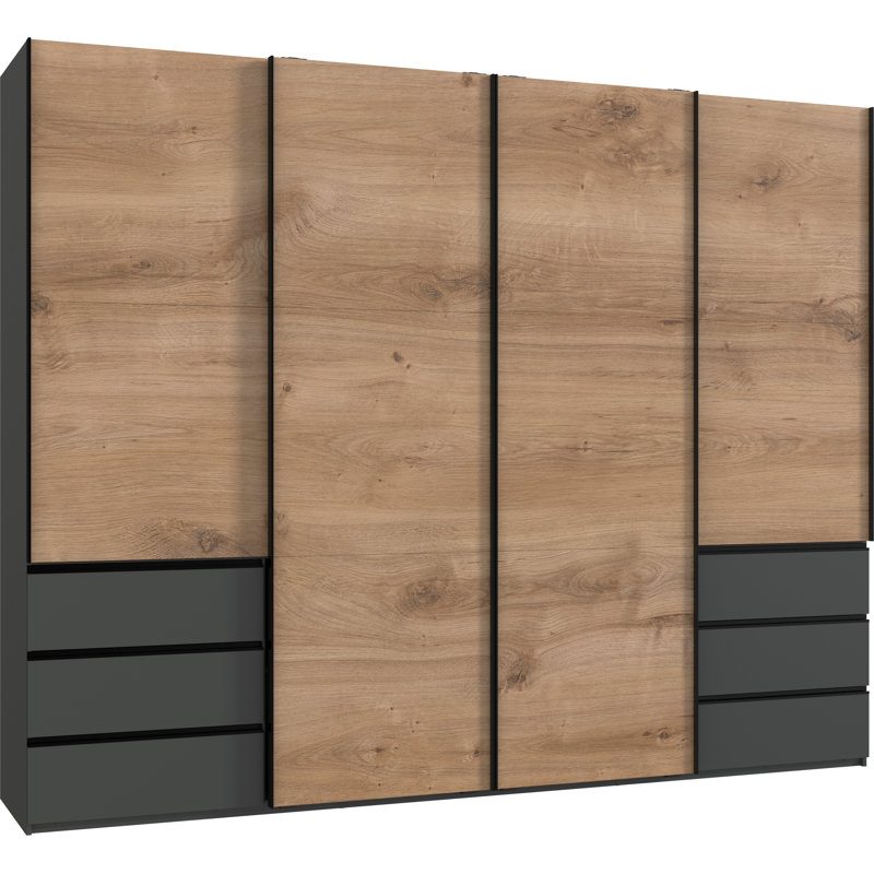 Guardino 4 Door Wardrobe, 236cm H x 300cm W x 65cm D, Plank Oak/Graphite