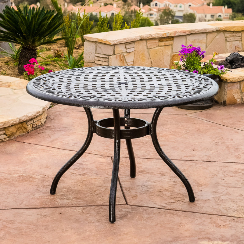 48-Inch Round Outdoor Dining Table Crafted From Cast Aluminum In Hammered Bronze, With Tabletop, Umbrella Hole, And Curved Legs, For Patio Relaxing 48-In Of Bronze Finish, Featuring Gently Backyard