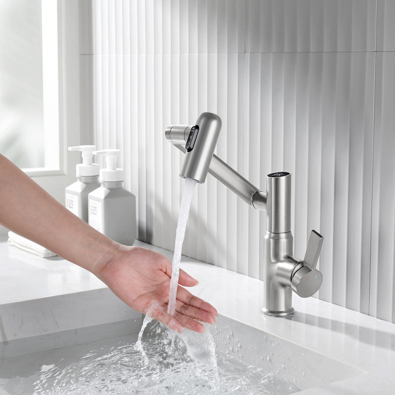 Brushed Nickel Rotatable Bathroom Faucet with Temperature Display