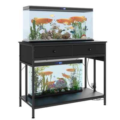 Support d'aquarium de 40 à 50 gallons avec prise de courant, support d'aquarium à cadre en métal 39,4 po x 19 po avec tiroirs de rangement, hauteur réglable, capacité de 660 lb