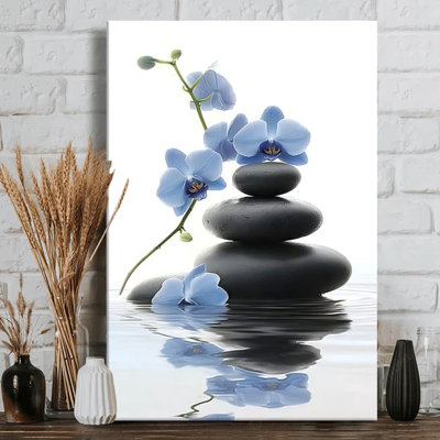 "Orchidées bleues" sur toile empilée de pierres dans l'eau - reflet serein - galerie profonde de 1 po - 24 po x 36 po