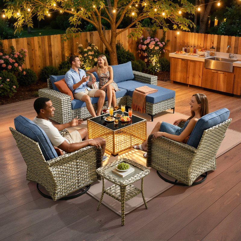 8-Piece Patio Conversation Set, Modular Outdoor Wicker Sectional With Wide Armrests And Coffee Table, Patio Sofa Set With Swivel Rocking Armchairs And Cushions