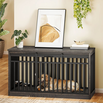 Archie & Oscar Heavy Duty Wooden Dog Crate Kennel Furniture With Sliding Doors & Dog Bowl
