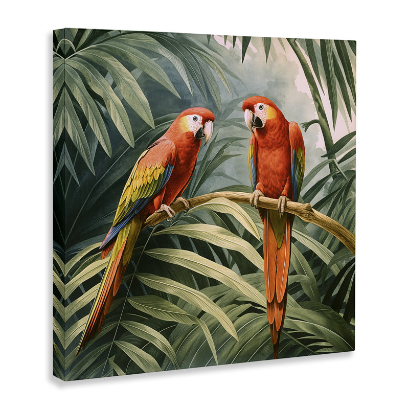 «Perroquet duo dans la forêt tropicale», art mural par Steve Hunziker, H 24 po x l 24 po