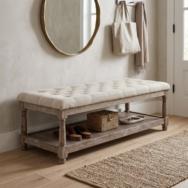 Banc de rangement rembourré avec tablettes Hetzel, Beige,  H 18,25 po x l 54 po x P 23 po