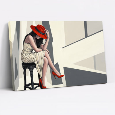 Femme au chapeau rouge et à la robe crème assise sur un tabouret noir - Tableau sur toile