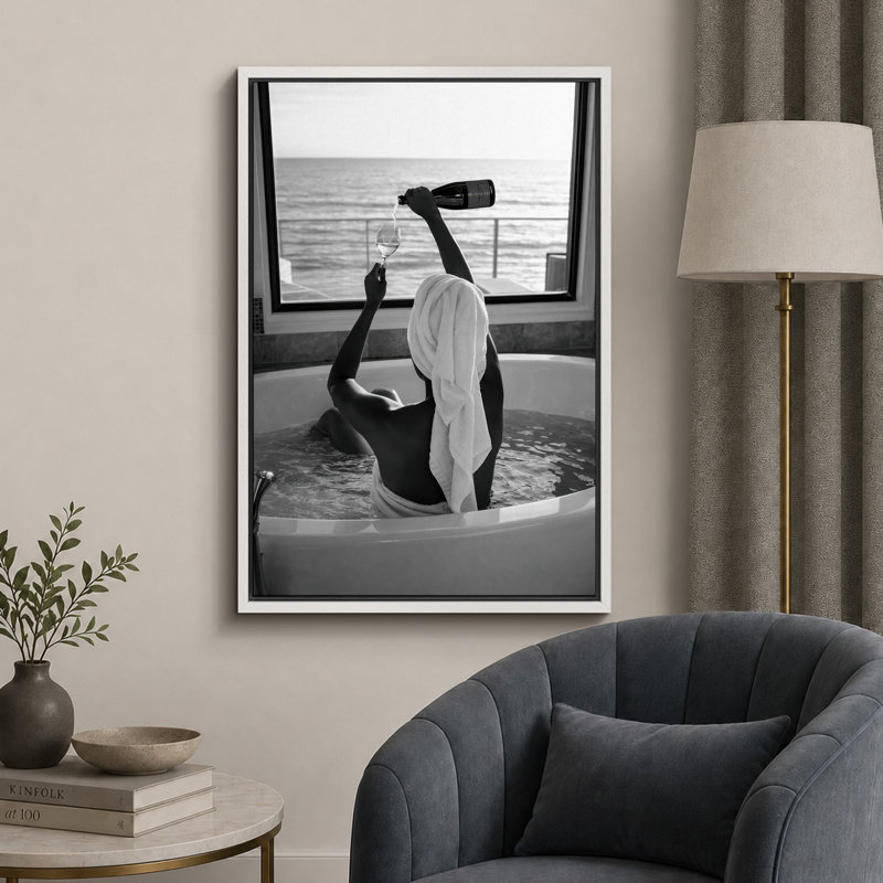 «Black and White Tub Wine Ocean View», images de salle de bain, impression sur toile encadrée, impression numérique
