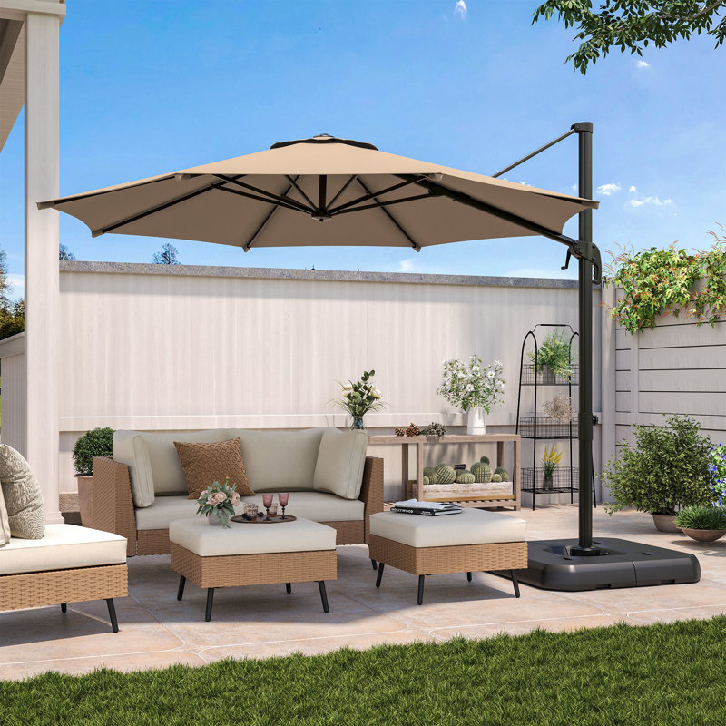 Parasol en porte-à-faux décalé en aluminium avec pivotement et inclinaison à 360 °, parasol de patio extérieur 10 pi avec manivelle et auvent ventilé, base vendue séparément