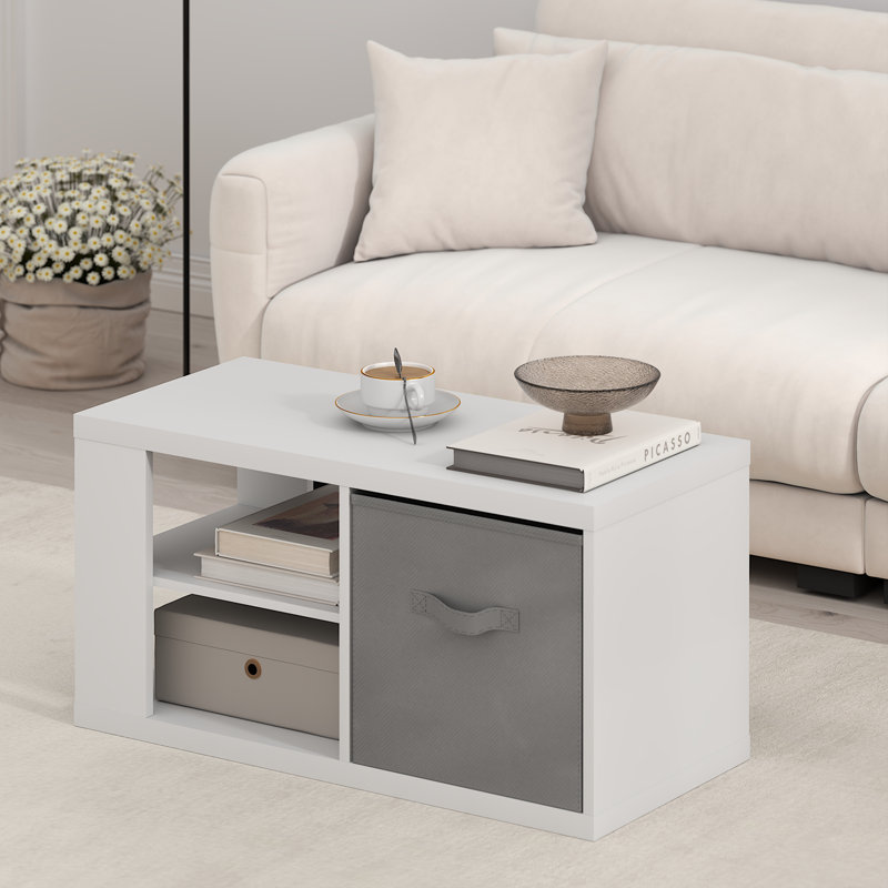 Samual Coffee Table, Side Table with Open Shelves and Storage Bin, Amber Pine, White