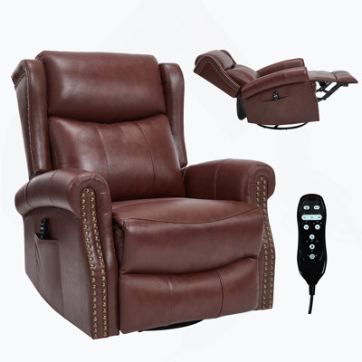 Fauteuil inclinable manuel chauffant à chaleur avec chaise berçante et pivotante en cuir véritable pour le salon, rouge