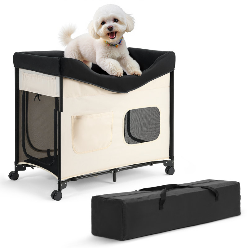 Lit pour chien surélevé surélevé, lit superposé pliable pour chien avec tissu Oxford 600D et velours néerlandais, lit surélevé portatif avec roues, sacs de rangement latéraux et sac de transport pour chats et chiens, très grand, beige