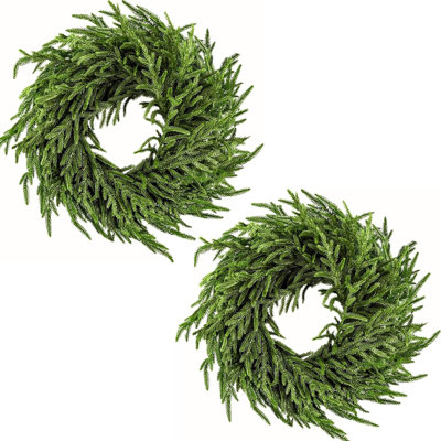 2 Pack 24" Norfolk Pine Wreath For Front Door, Artificial Christmas Wreath Faux Pine Green Wreath For Wall Windows Mantle Outdoor Outside Christmas De