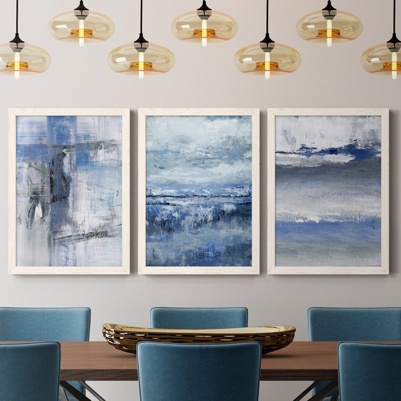 «Soft Solace Indigo», ensemble de 3 peintures sur toile encadrées, Blanc, H 31,5 po x l 47 po x P 1,5 po