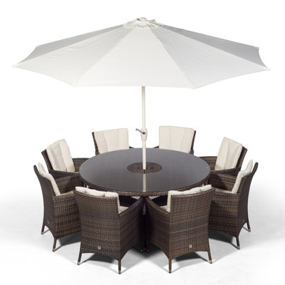 Karcher 8 - Person Patio Dining Set Umbrella Hole Included Round Table with Cushions Included