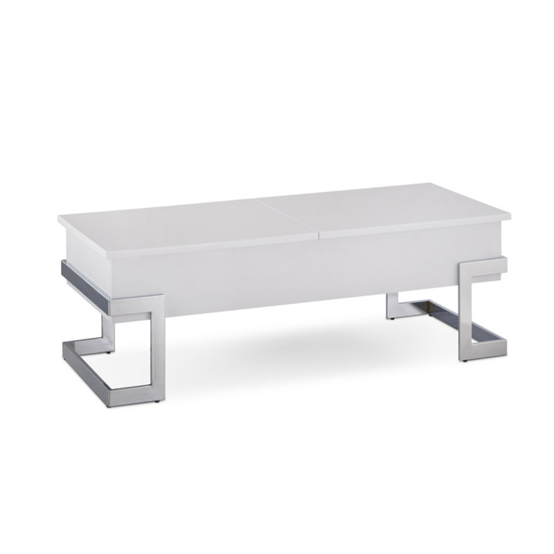 Table basse blanche brillante et chromée avec plateau relevable, Blanc