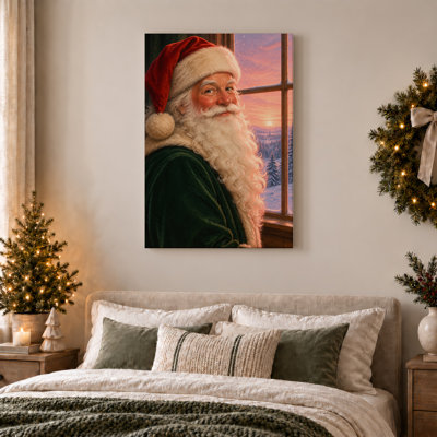 Père Noël en costume de velours vert regardant un Noël enneigé, art mural sur toile