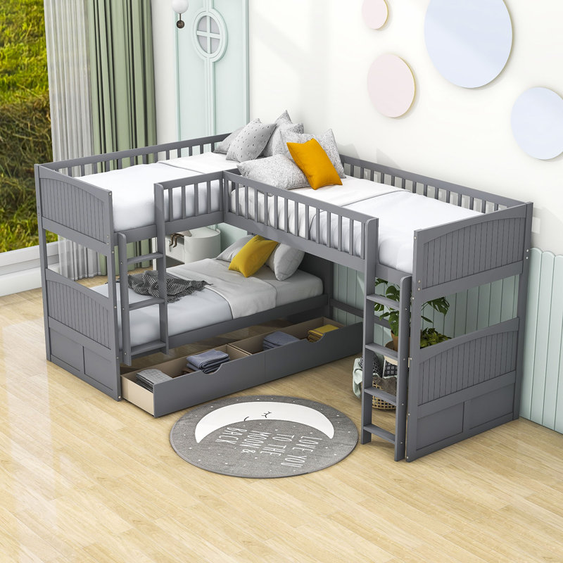 Addley Kids Twin Over Twin Over Twin Bunk Bed with Drawers, Gray