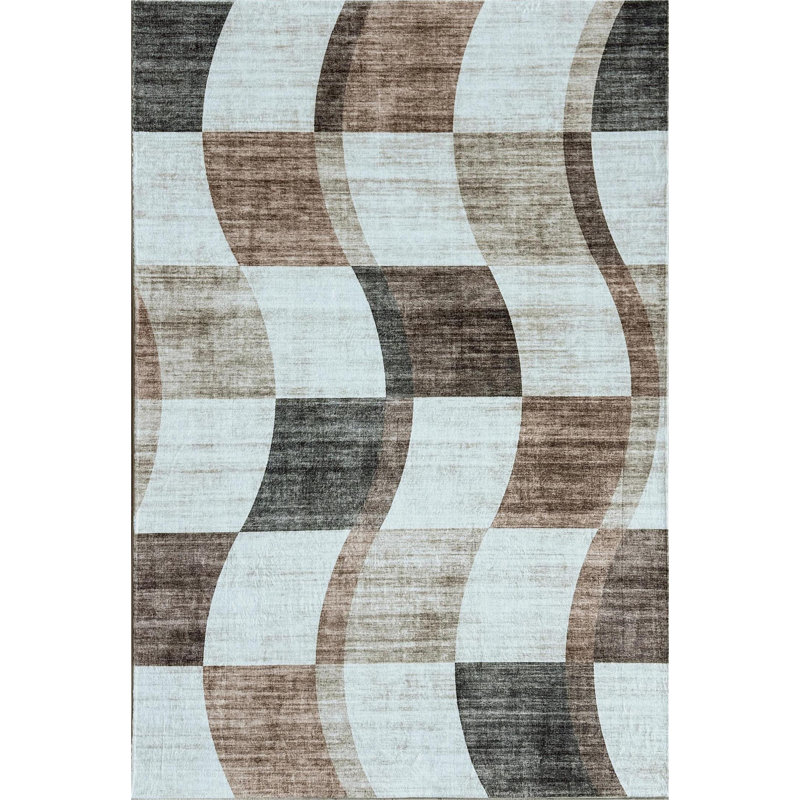 Tapis à carreaux brun / beige 8 pi x 11 pi (7 pi 7 po x 10 pi 10 po) Branch Theo, tapis contemporain, à poils moyens et résistant aux taches