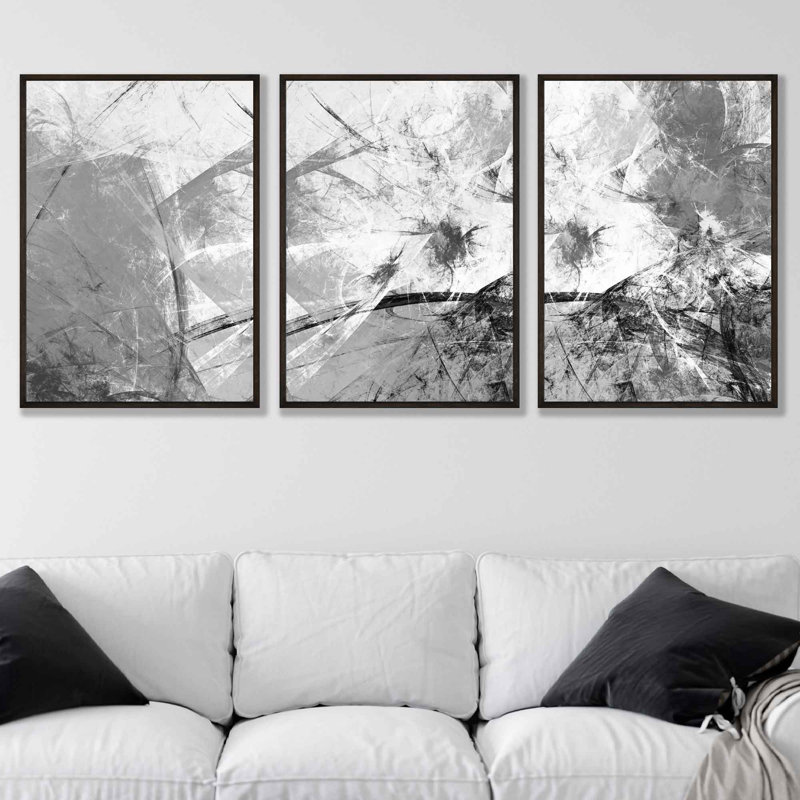 Fractured Moonlight - 3 Piece Single Picture Frame Print Set, 43cm H  x 33cm W , Black Framed