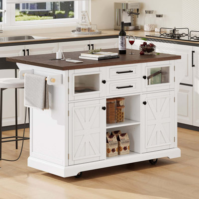 54.9" Kitchen Island With Drop Leaf, Power Outlet, Kitchen Storage Cart With 4 Door Shelves, Cross Barn Doors & Visual Glass Door, Rolling Kitchen Island On 4 Wheels