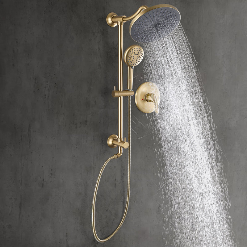 Wall Mount Pressure-Balanced Shower System,10" Rainfall Shower Head with Slider Bar 5-Setting Handheld Spray, Brushed Gold