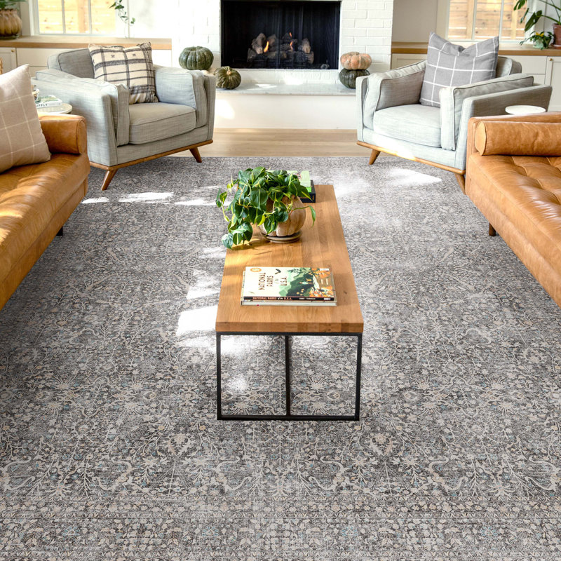 Tapis botanique oriental gris Well Well Tissé Ervin Isolde, Rectangle 9 pi 10 po x 13 pi