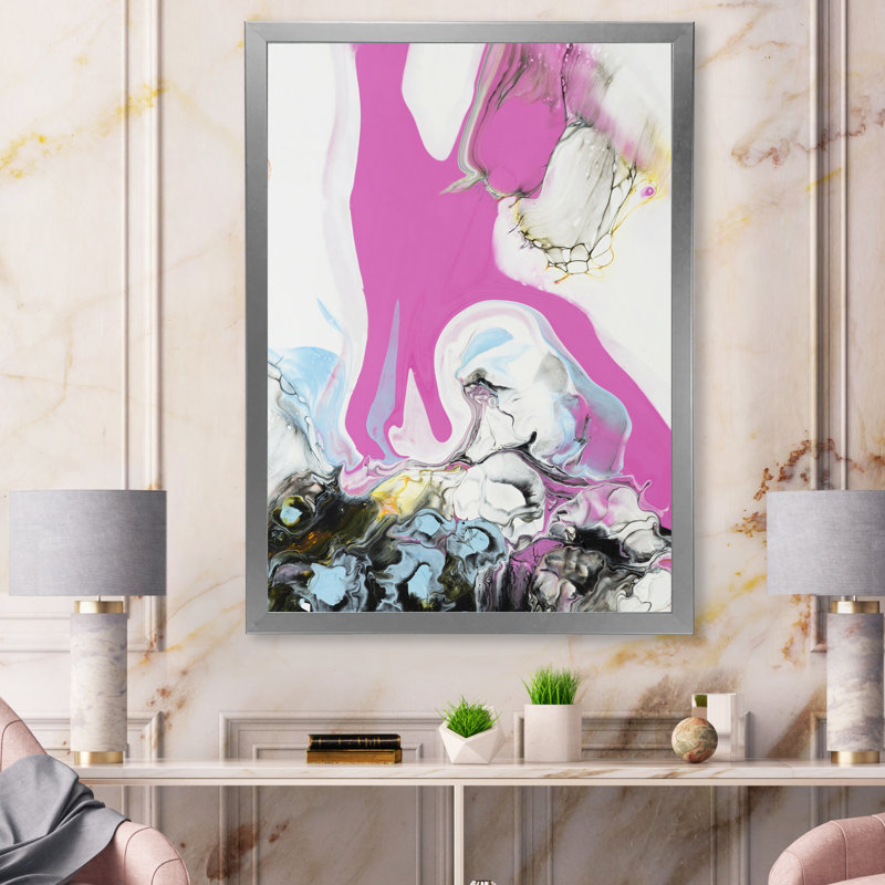 Rose, bleu et jaune, art liquide III - peinture sur toile, H 44 po x l 34 po x P 1,5 po, Cadre de coin argenté fermé