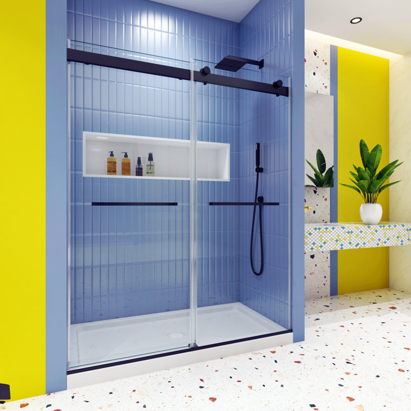 Porte de douche côte à côte, porte coulissante, avec verre trempé de 5/16 po avec une finition en acier inoxydable noir mat.